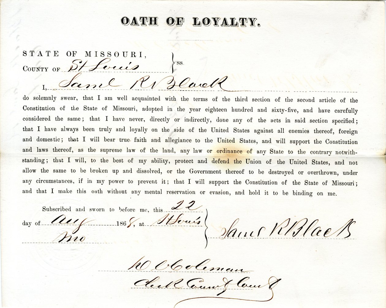 Lojalitetsed av Samuel R. Black fra Missouri, fylket St. Louis av Samuel R. Black