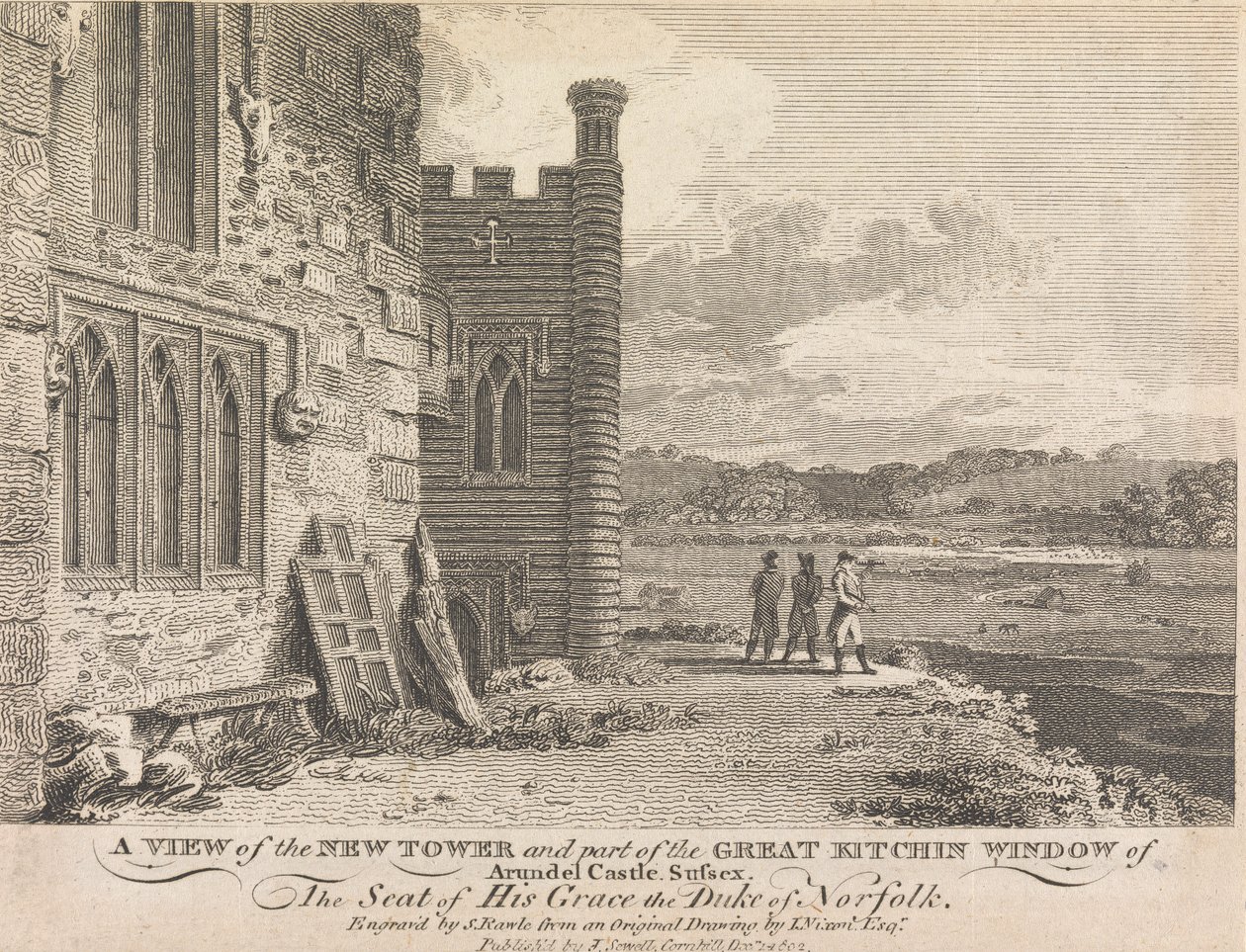 En utsikt over det nye tårnet og en del av Great Kitchin-vinduet i Arundel Castle, Sussex (utgitt av J. Sewell); side 13 (bind 1) av Samuel Rawle