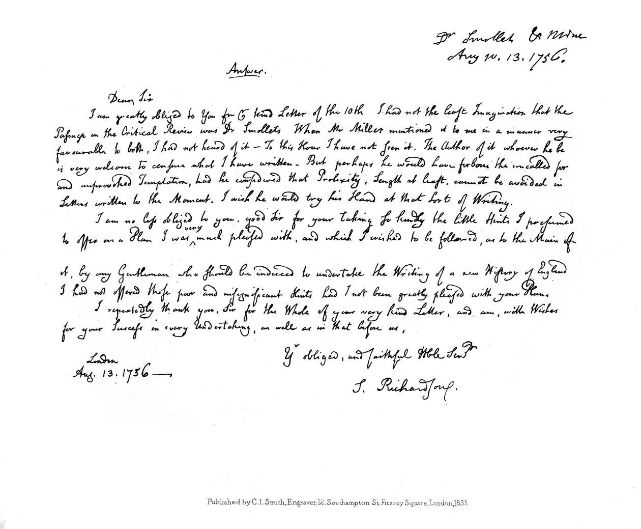 Et brev fra Samuel Richardson til Dr Smollett, 1756, 1840 av Samuel Richardson