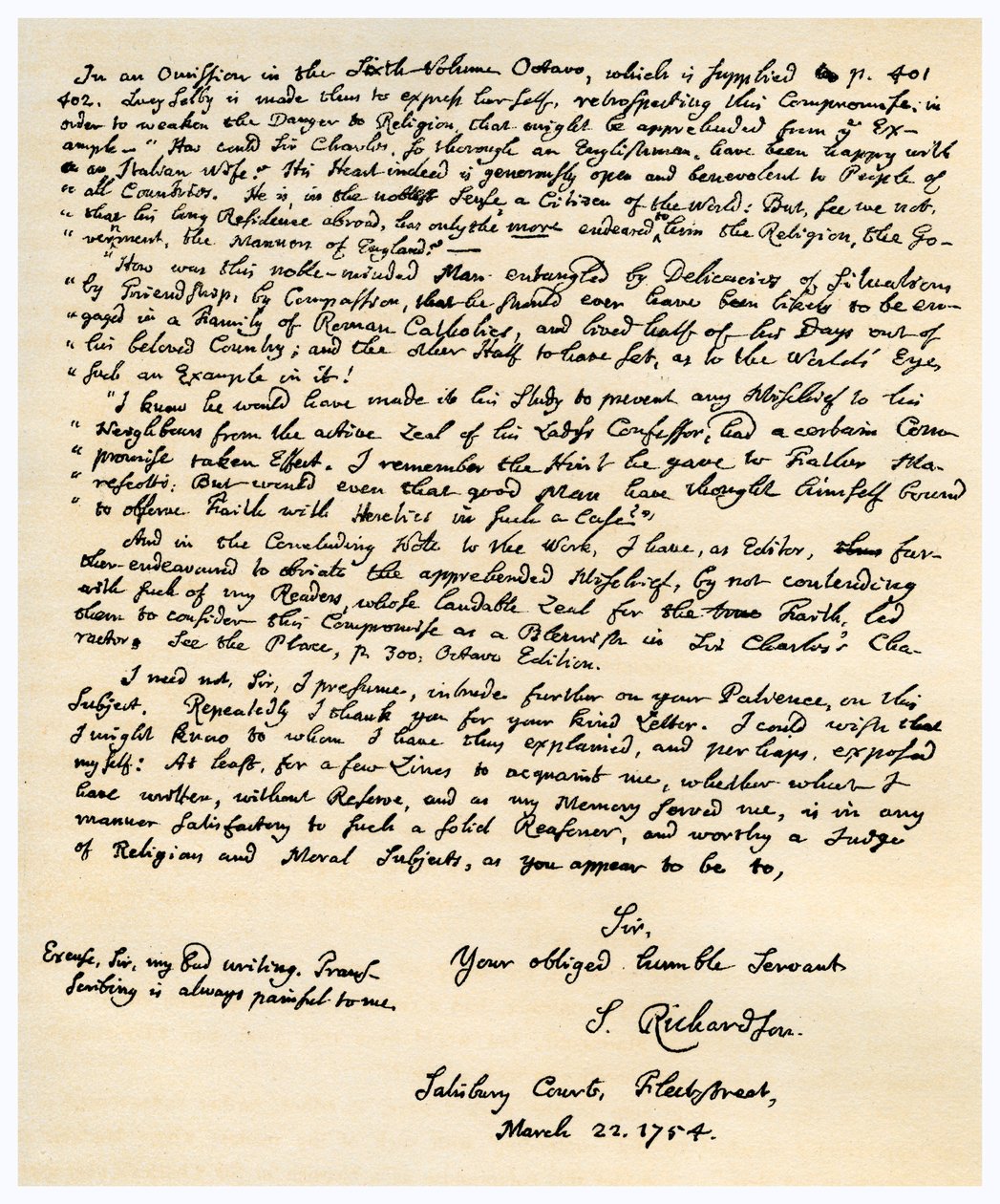 Brev fra Samuel Richardson, 22. mars 1754. av Samuel Richardson