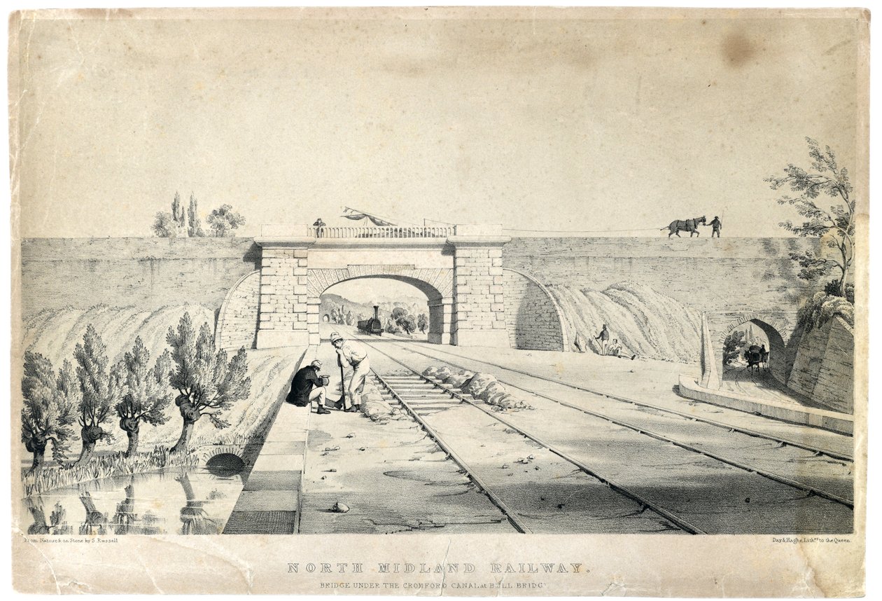 North Midland Railway Bridge under Cromford Canal ved Bull Bridge, ca. 1840 (tonet litografi på papir) av Samuel Russell