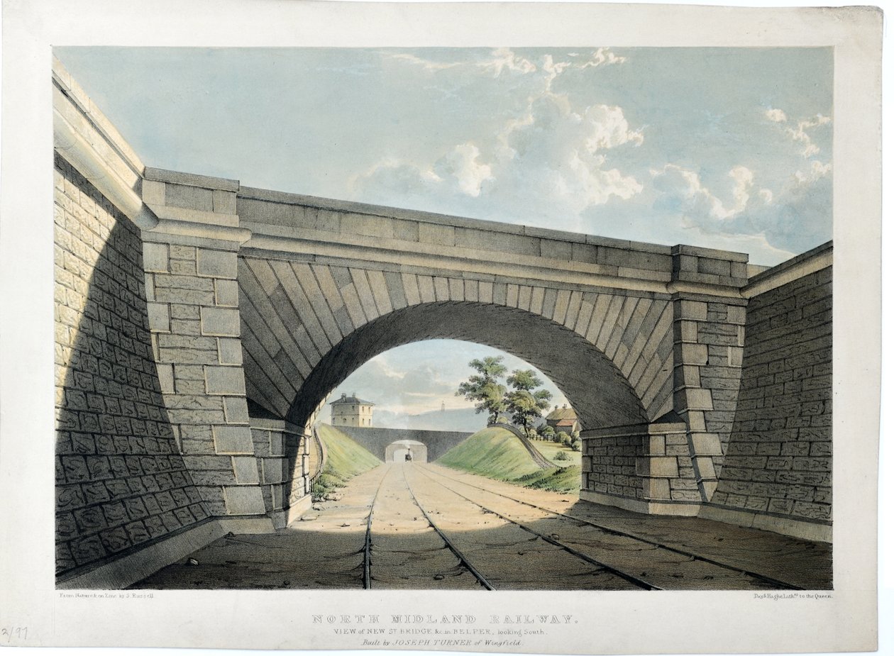 North Midland Railway. Utsikt over New Street Bridge etc i Belper, ser sørover, ca. 1840 (håndfarget litografi på papir) av Samuel Russell