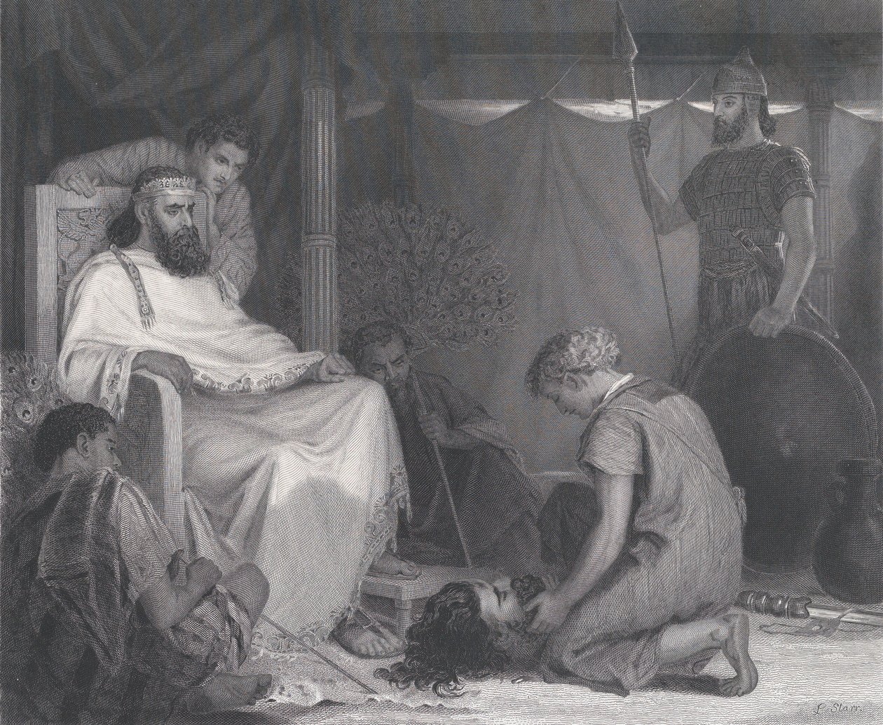 David Braught Before Saul, fra The Art Journal, overfor s. 100, april 1871. av Samuel S. Smith