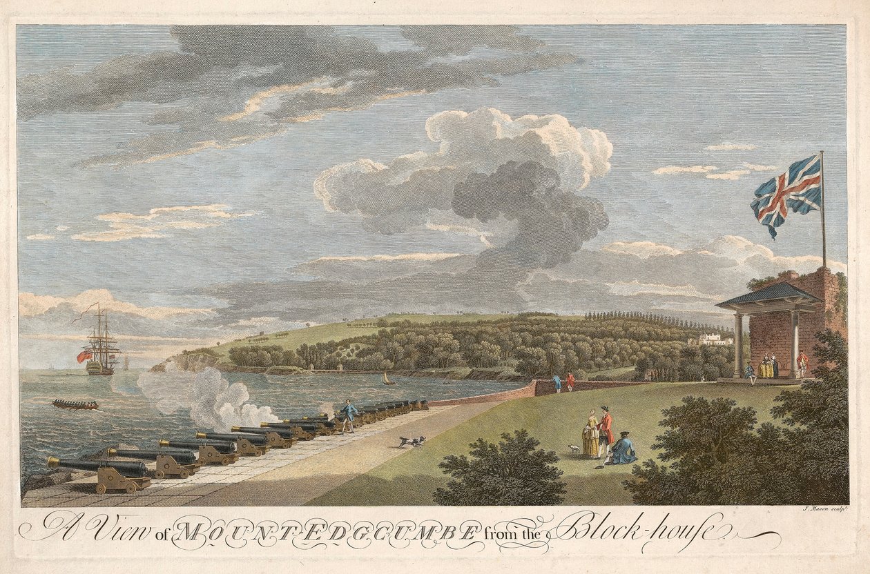En utsikt over Mount Edgcumbe fra Block House, pub. 1755. av Samuel Scott