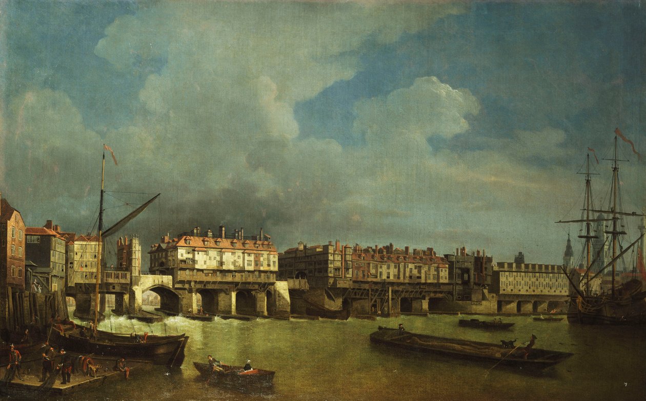 Utsikt over Old London Bridge med lektere på Themsen, av Samuel Scott