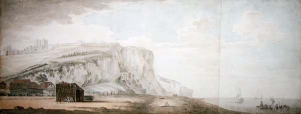 Dover Castle og Cliffs from the Shore (blyant, penn og blekk og akvarell på papir) av Samuel Scott