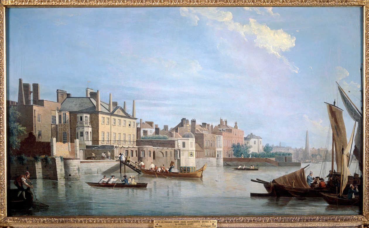 Themsen med Montagu House, fra nær Westminster Bridge, London, 1749 av Samuel Scott