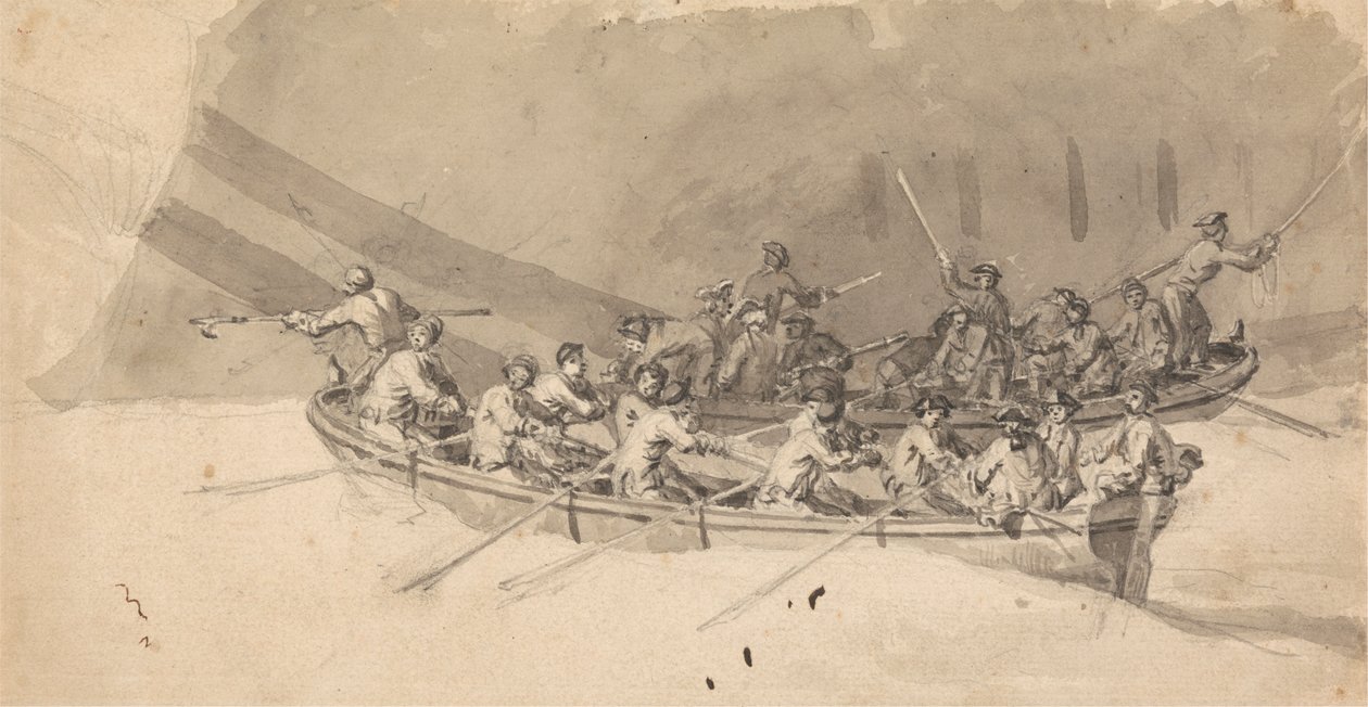 To båter med mannskaper, studie for The Royal William at Sea av Samuel Scott