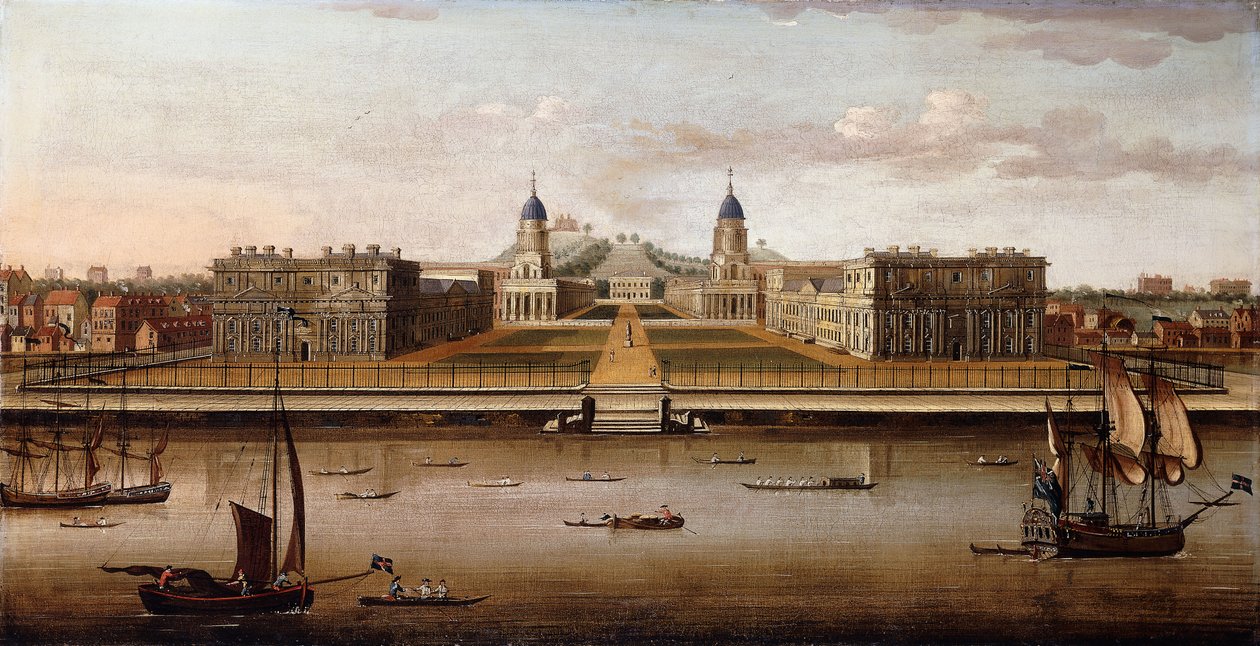 Utsikt over The Royal Hospital, Greenwich, fra Themsen, av Samuel Scott
