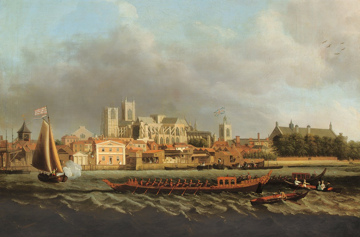Utsikt over Westminster fra Lambeth med en kongelig lekter i forgrunnen av Samuel Scott