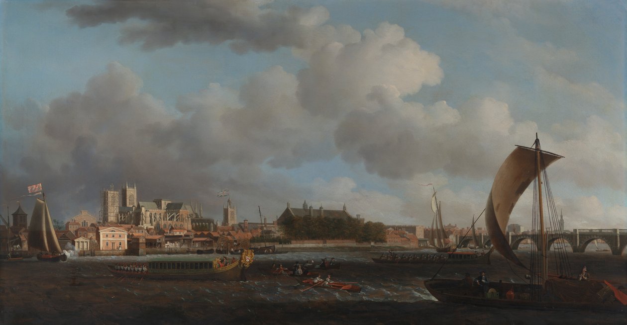 Westminster fra Lambeth, med Ceremonial Barge of the Ironmongers' Company av Samuel Scott