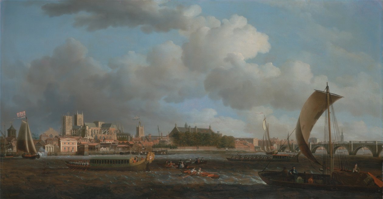 Westminster fra Lambeth, med Ceremonial Barge fra Ironmongers Company av Samuel Scott