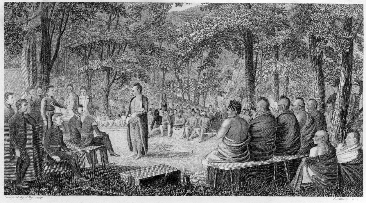 Major Long holder et råd med Oto (Missouri) indianerne, gravert av Lawson, 1819 av Samuel Seymour