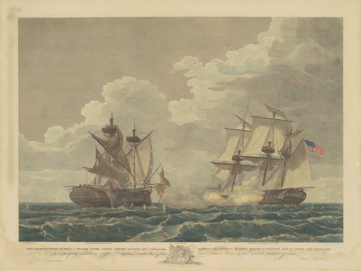 Den amerikanske fregatten USA fanger Hans Britannic Majestets fregatt makedonsk av Samuel Seymour, after Thomas Birch