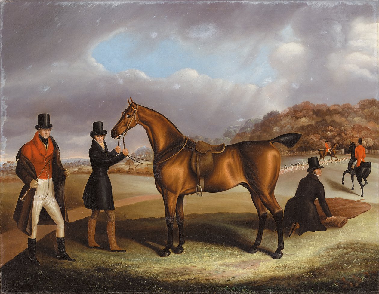 Lord George Bentinck med sin favorittjeger, og brudgom, i et landskap med en jakt utenfor av Samuel Spode