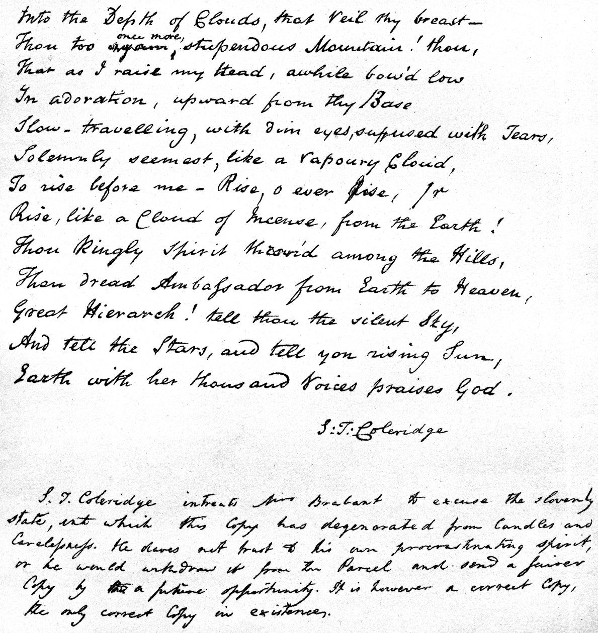 Siste linjer av Coleridges dikt Hymn before Sunrise in the Vale of Chamouni, skrevet med dikternes egen håndskrift og sendt i et brev til fru Brabant av Devizes, 1815 av Samuel Taylor Coleridge