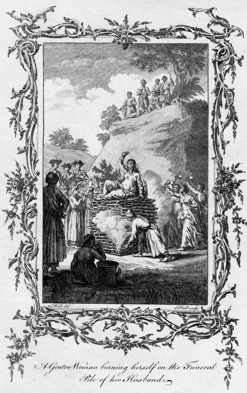 En Gentoo-kvinne som brenner seg på begravelseshaugen til mannen sin, 1700-tallet. av Samuel Wale