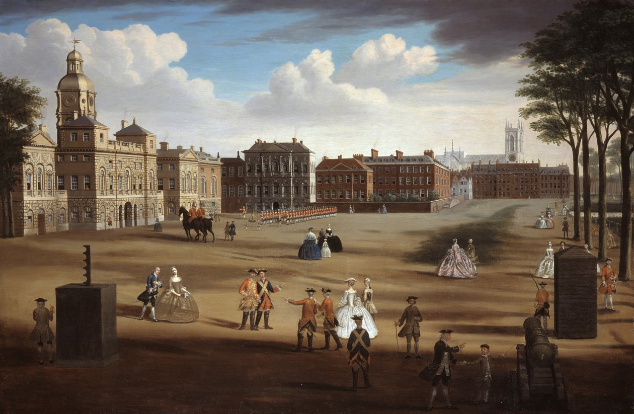 En utsikt over vestfronten av Horse Guards med Treasury og Downing Street bortenfor, ca. 1758 av Samuel Wale