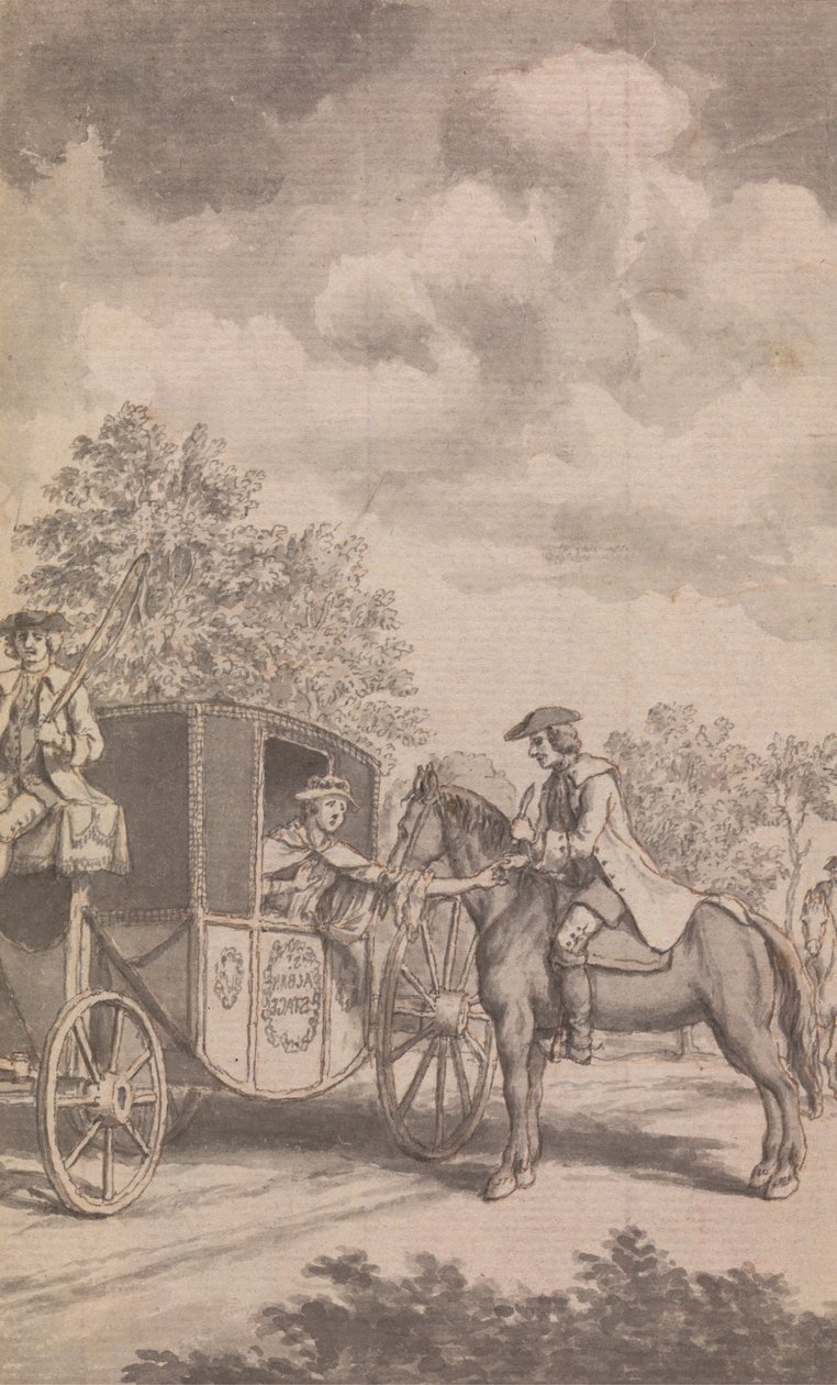 En illustrasjon til Newgate-kalenderen: Raby finner en kvinnes ring vanskelig å bli trukket av, kuttet av fingeren hennes, nær Finchley av Samuel Wale