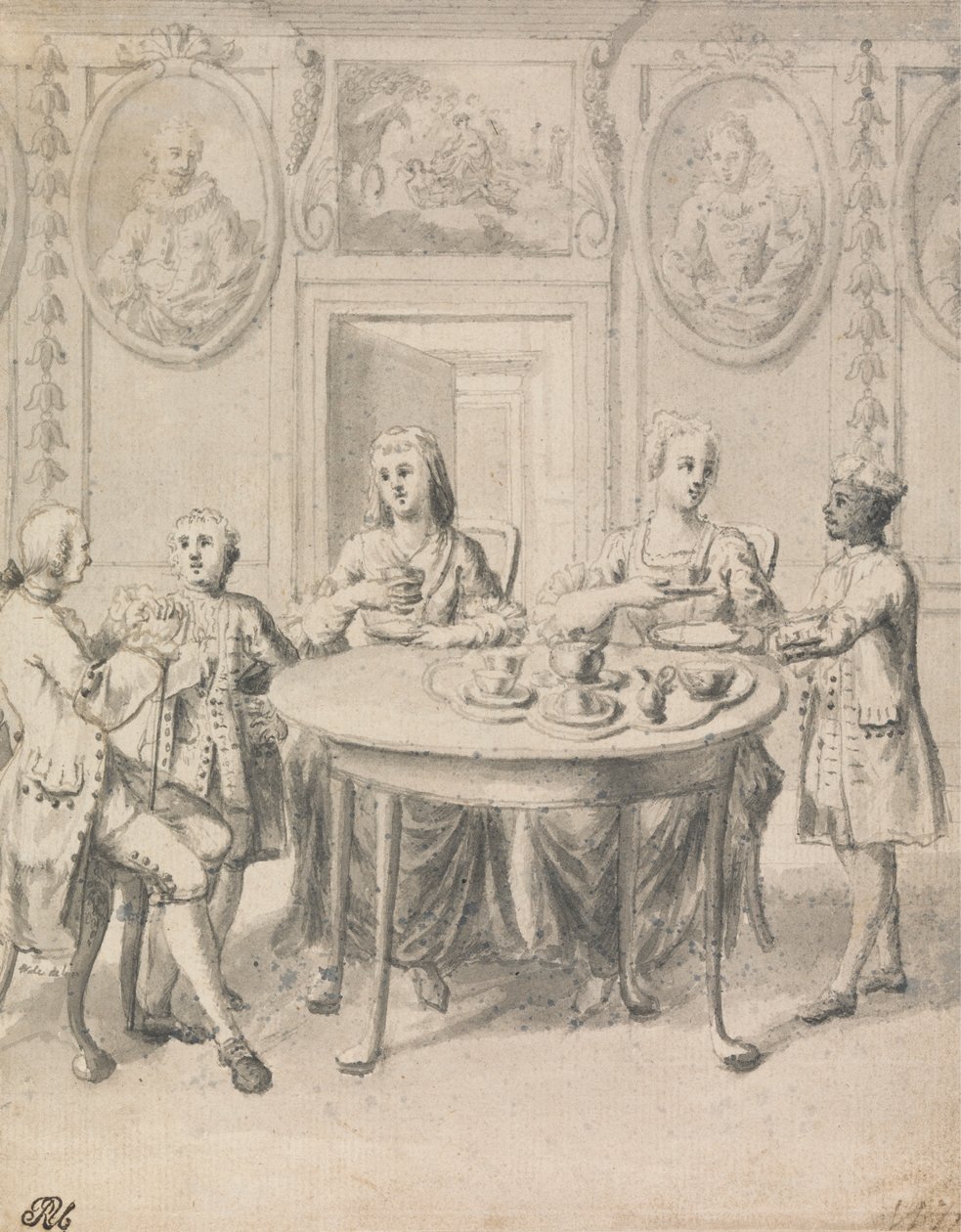 Interiørscene med familie på Tea av Samuel Wale