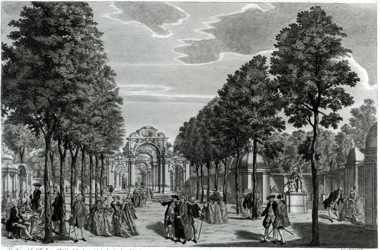 Triumfbuene, Händels statue i South Walk of Vauxhall Gardens, gravert av John S. Muller (håndfarget etsing og gravering) av Samuel Wale