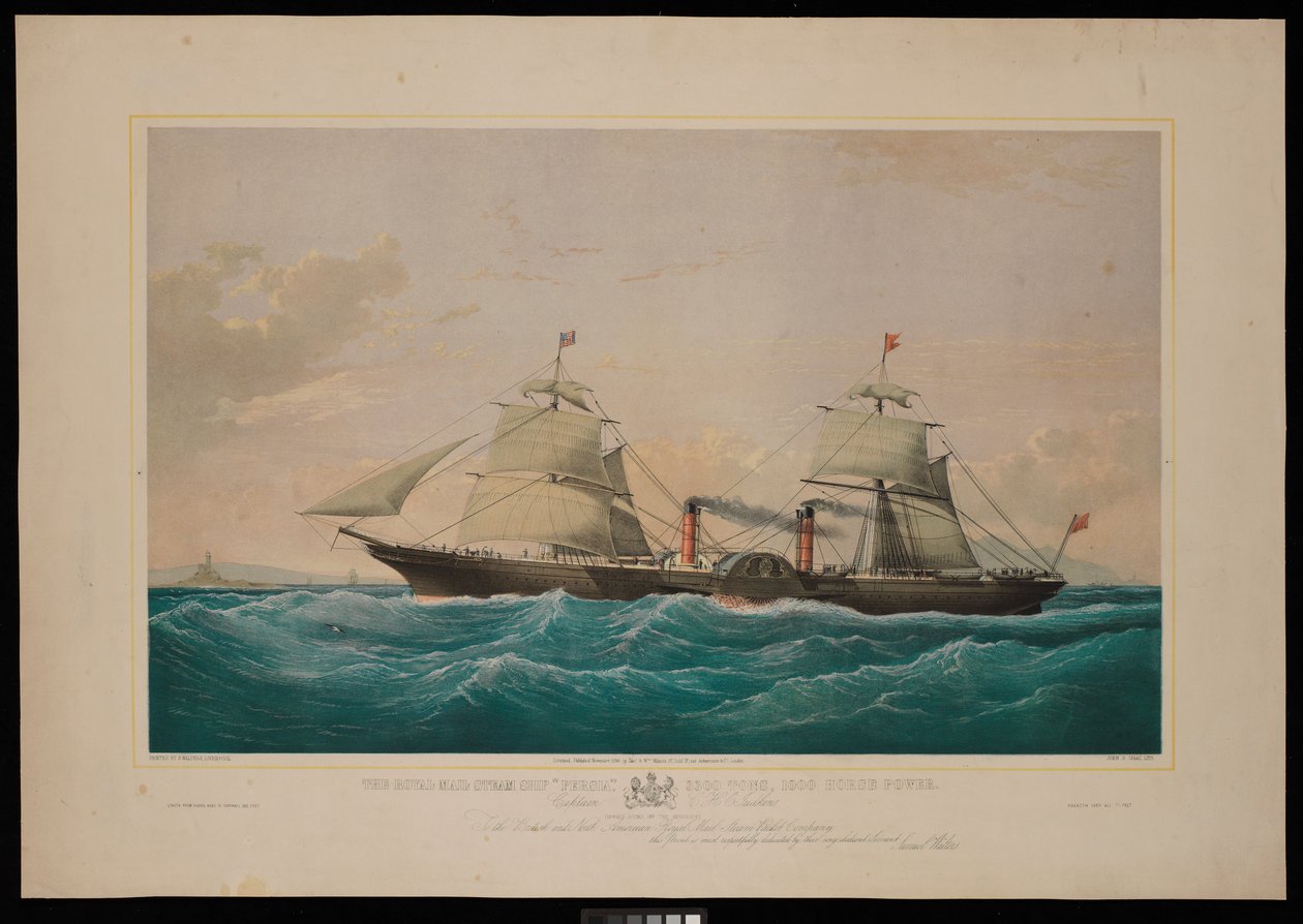 Det kongelige postdampskipet Persia... Kaptein CHE Jodkins (på vei innover, utenfor skjærgården) Til det britiske og nordamerikanske Royal Mail Steam Packet Company er dette trykket med ærbødighet dedikert (litografi, fargelagt) av Samuel Walters