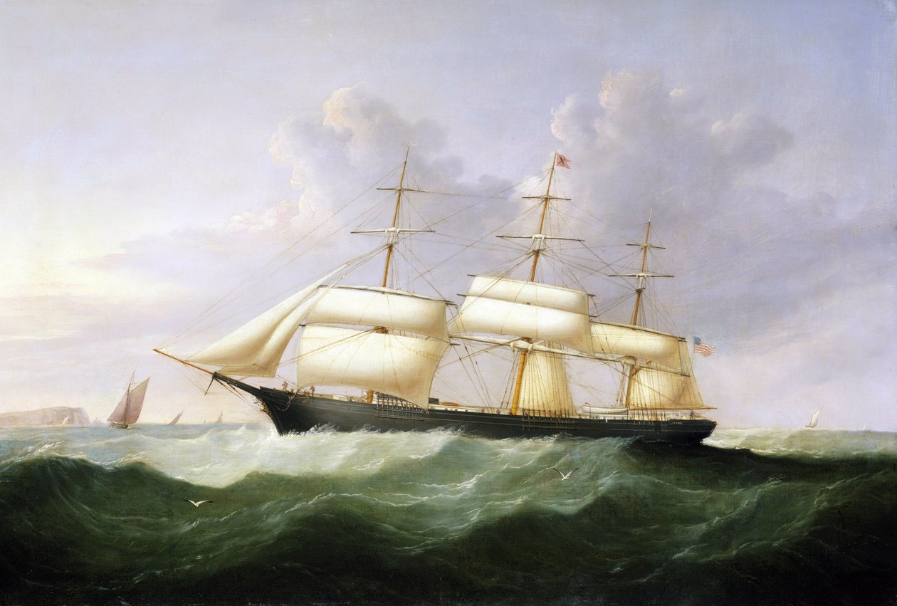 Skipet «Palestine», med fulle seil, som bærer flagget til De forente stater (USA), bygget i 1854, beregnet på passasjertransport på den transatlantiske linjen av Samuel Walters