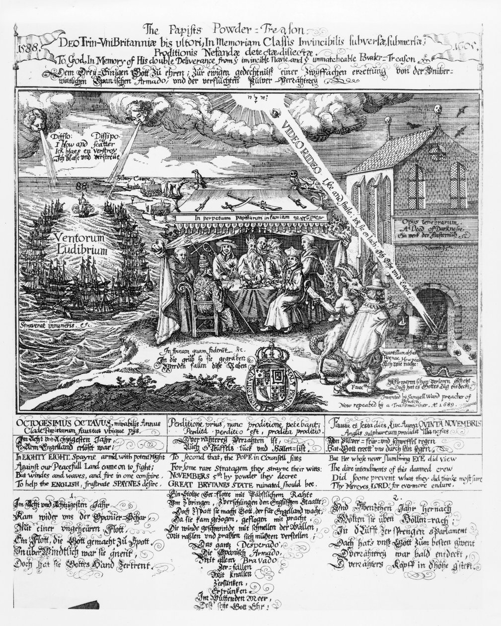 Til Gud, til minne om hans doble befrielse fra den uovervinnelige marinen (1588) og det uforlignelige pulverforræderi (1605), (gravering) repr. av en Transmariner, 1689 (bundw-bilde) av Samuel Ward
