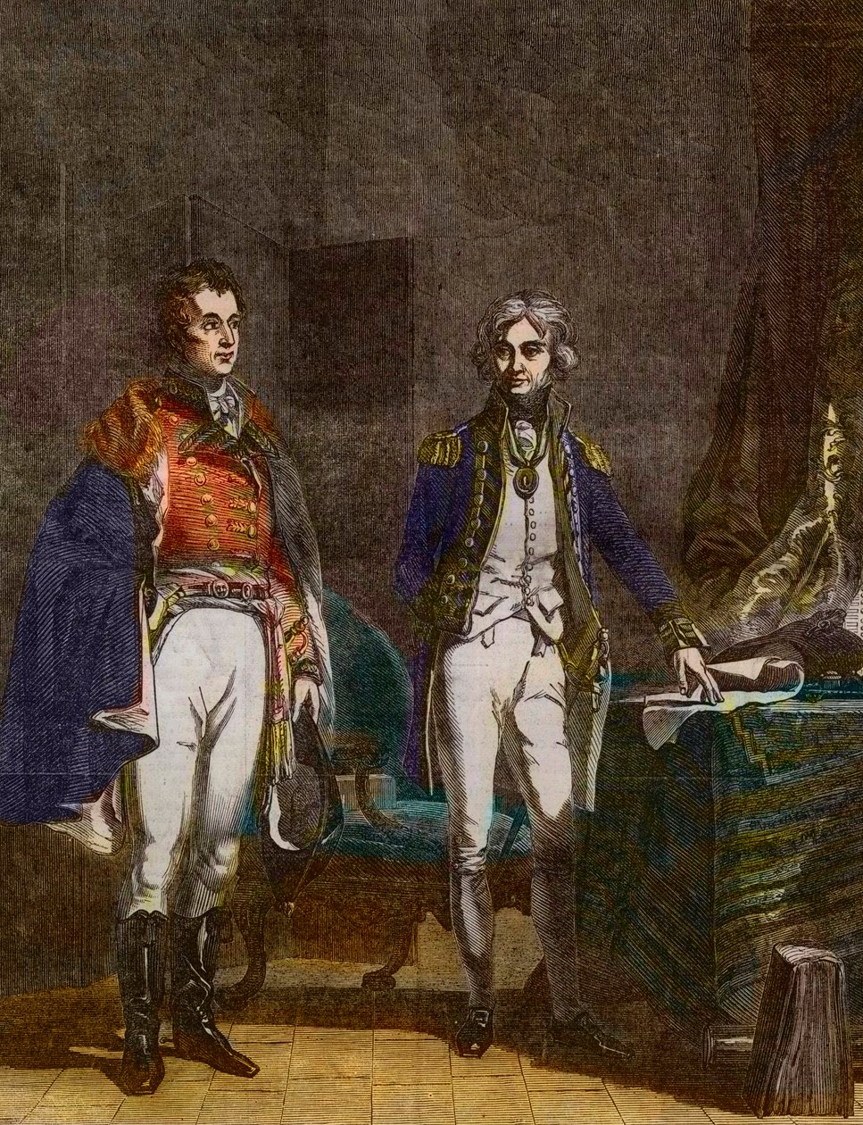 Et møte mellom generalmajor Sir Arthur Wellesley (hertug av Wellington) og viseadmiral Horatio Nelson, september 1805, gravert av Samuel William Reynolds (1794-1872) etter John Prescott Knight (1803-1881) av Samuel William I Reynolds