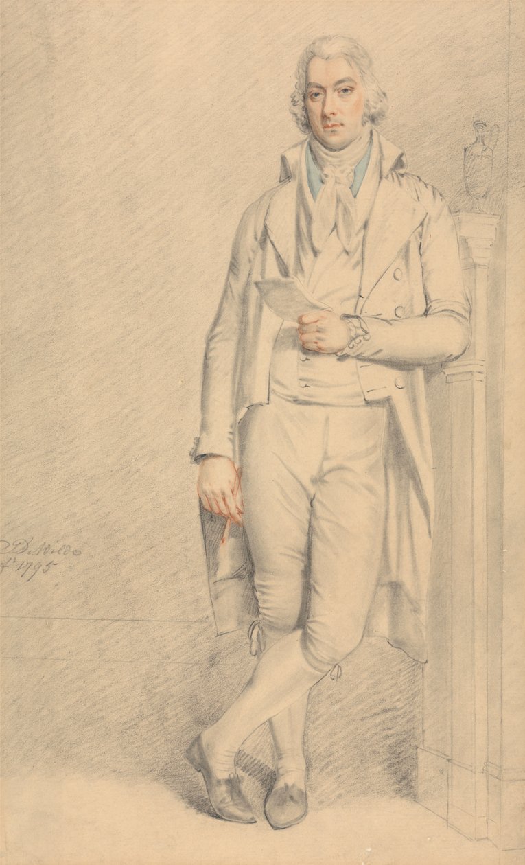 En gentleman, full lengde, holder et papir og en blyant av Samuel de Wilde