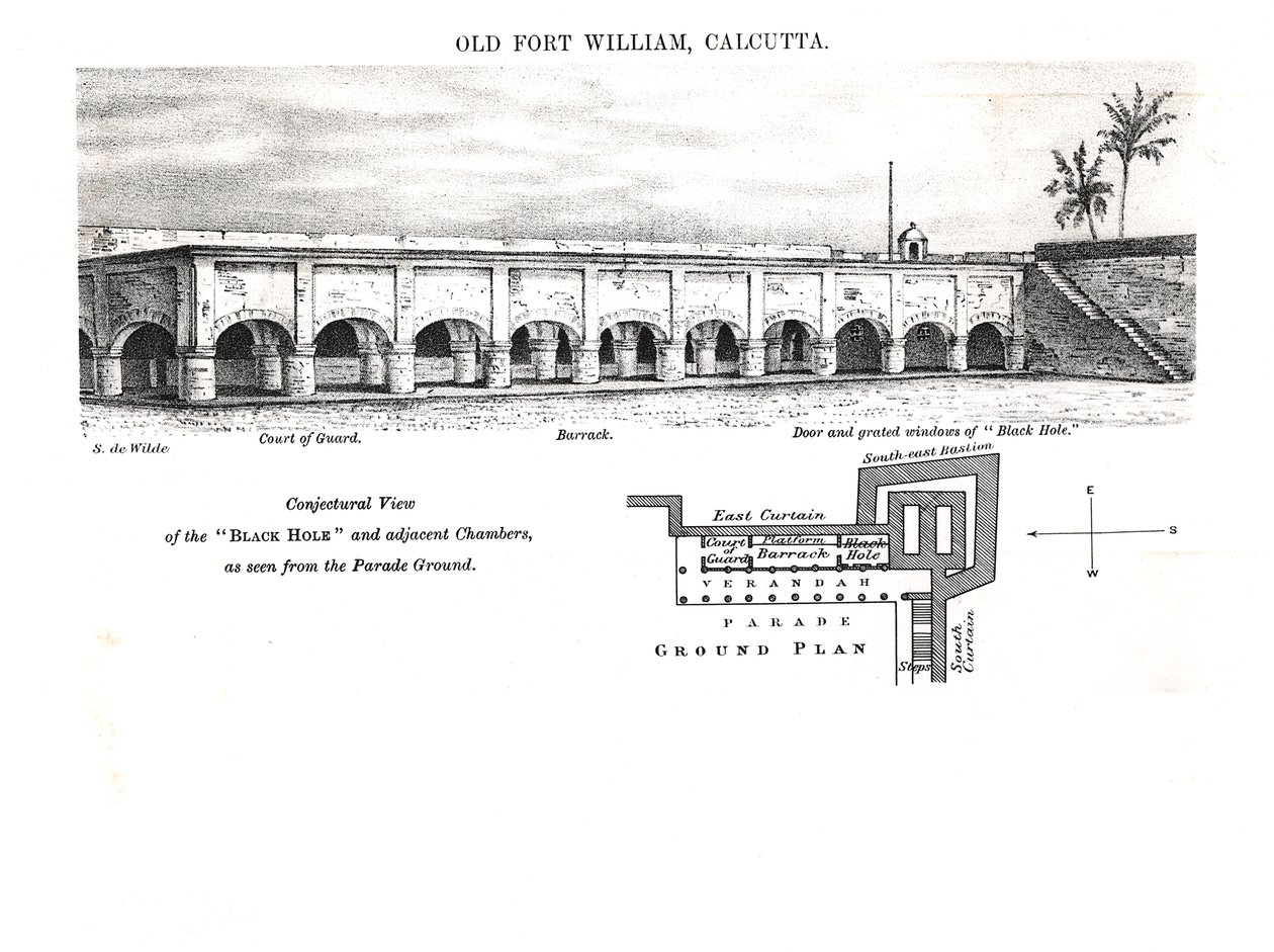 Old Fort William, Calcutta, med en formodet utsikt over "Black Hole" og tilstøtende kamre sett fra Parade Ground av Samuel de Wilde