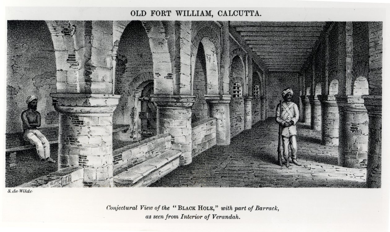 Old Fort William, Calcutta, med en formodet utsikt over det "svarte hullet", med en del av brakken, sett fra det indre av verandaen av Samuel de Wilde