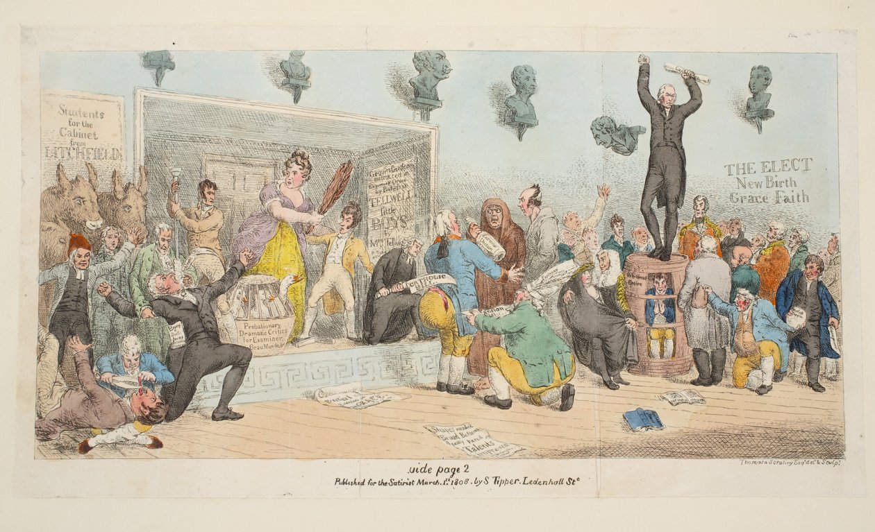 Tallerken fra The Satirist, pub. 1. mars 1808 (håndfarget gravering av Samuel de Wilde