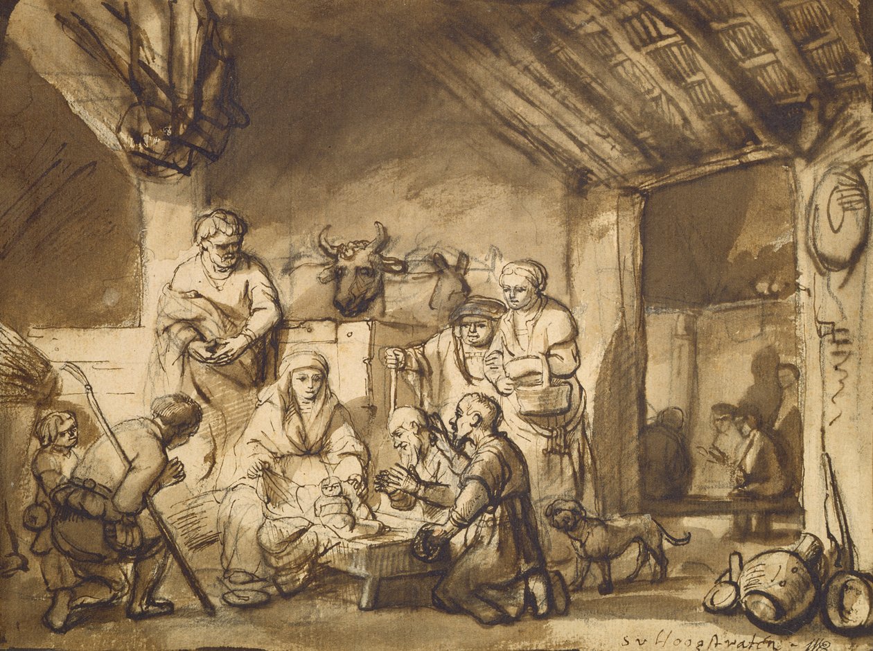 Adoration of the Shepherds, ca. 1646 (penn og pensel og blyant på papir) av Samuel van Hoogstraten