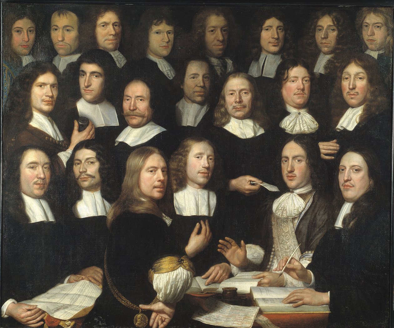 Gruppeportrett av myntmesterne i Dordrecht (Portrait de groupe des maitres et des officers de la monnaie de Dordrecht) - Peinture de Samuel Dirksz van Hoogstraten (1627-1678) - 1674 - Olje på lerret - 139,5x166 - Dordrechts Museum av Samuel van Hoogstraten