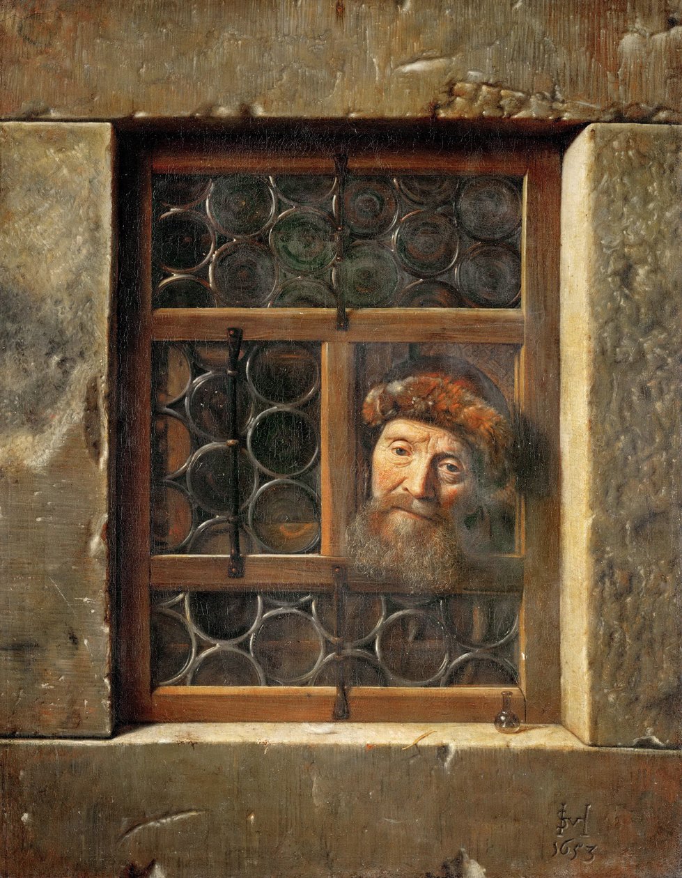 Gammel mann i vinduet - Samuel Dirksz van Hoogstraten (1627-1678). olje på lerret av Samuel van Hoogstraten