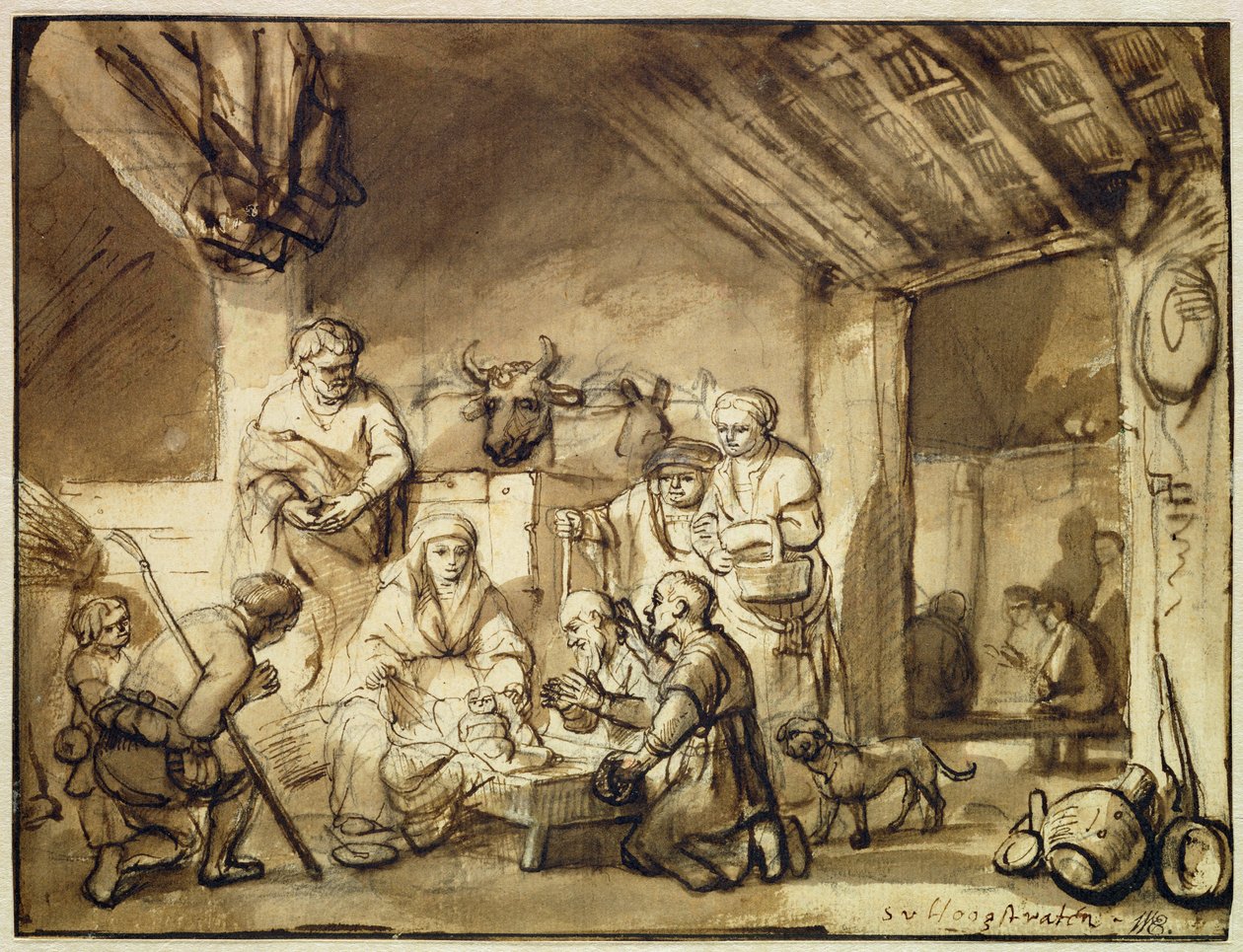 The Adoration of the Shepherds (penn og blekk vaskes over svart kritt på papir) av Samuel van Hoogstraten