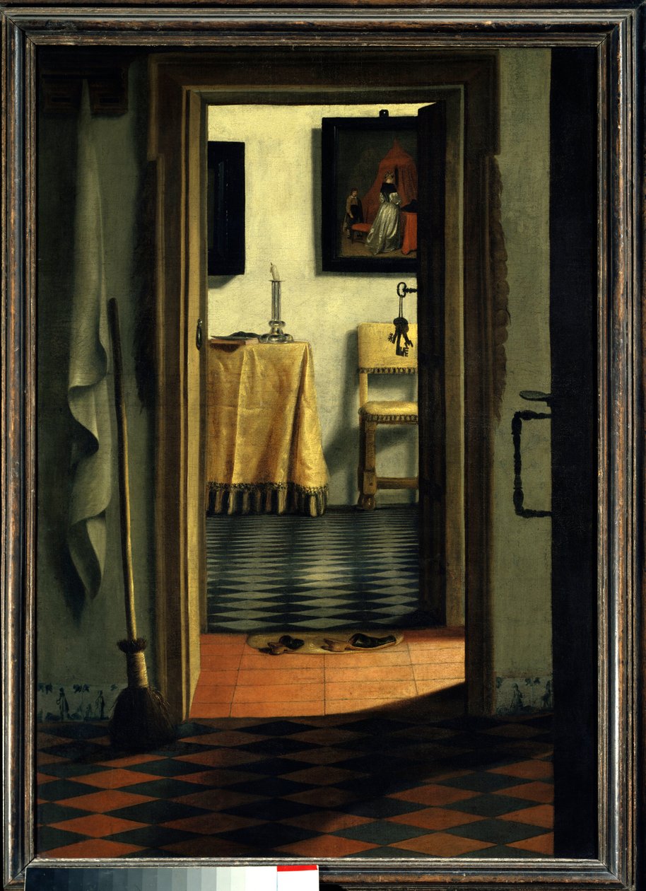 Tøflene Et interiør av hus i Holland - Maleri av Samuel Hoogstraten (1626-1678) (ec flam) 1600-tallet Søn 1,03x0,70 m Paris, Musee du Louvre av Samuel van Hoogstraten