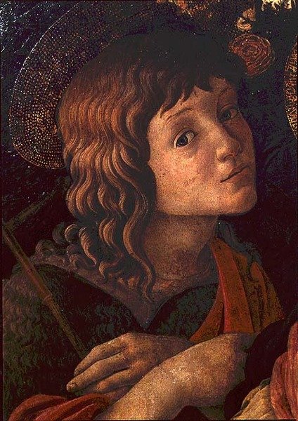 Madonna og barn med døperen Johannes, detalj av den unge helgen av Sandro Botticelli