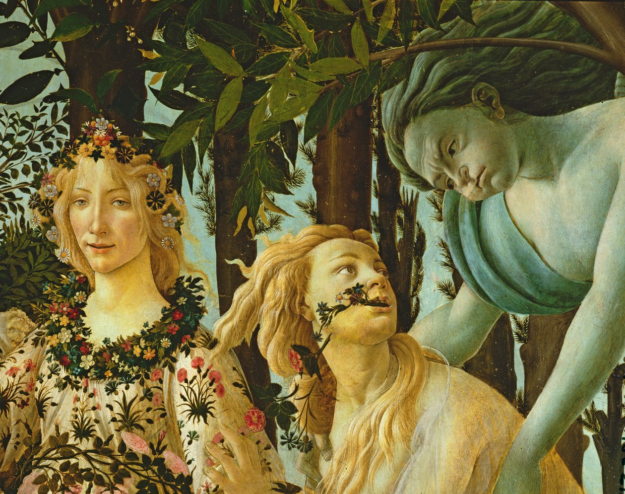 Primavera, detalj av Flora og Zephyr, ca. 1478, (tempera på panel) (detalj av 558) av Sandro Botticelli