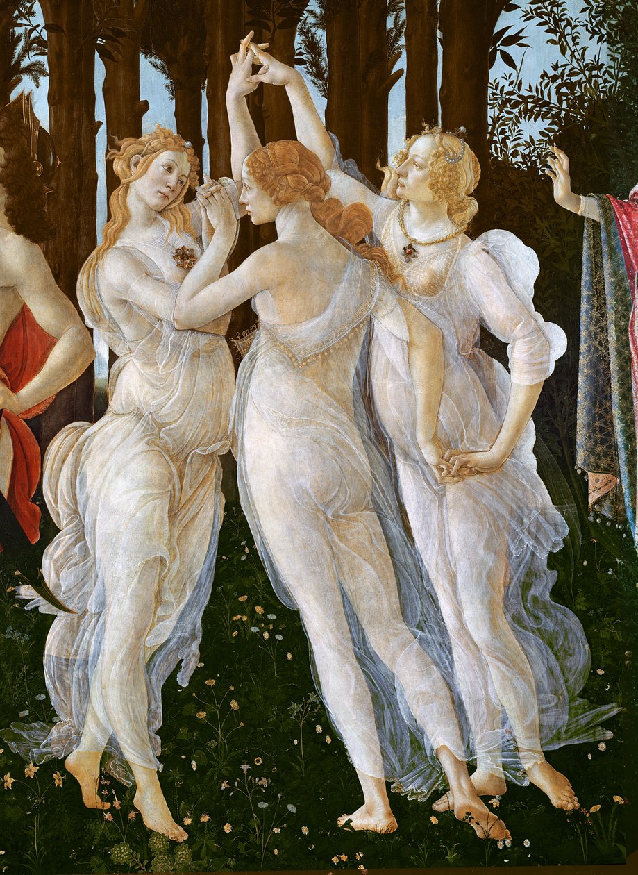 Primavera, detalj av Three Graces, 1478 tempera på panel av Sandro Botticelli