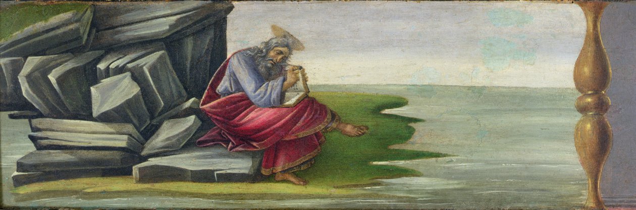Saint John the Divine på Patmos, Writing the Book of Revelations, predella panel fra altertavlen til Saint Mark, ca. 1488-90 (tempera på panel) (se 44333 og 44348) av Sandro Botticelli