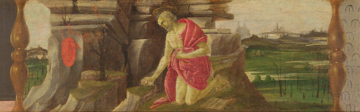 St Hieronymus i bot, predella-panel fra altertavlen til St. Markus, ca. 1488-90 (tempera på panel) (se 44333, 44348, 44331, 138693) av Sandro Botticelli