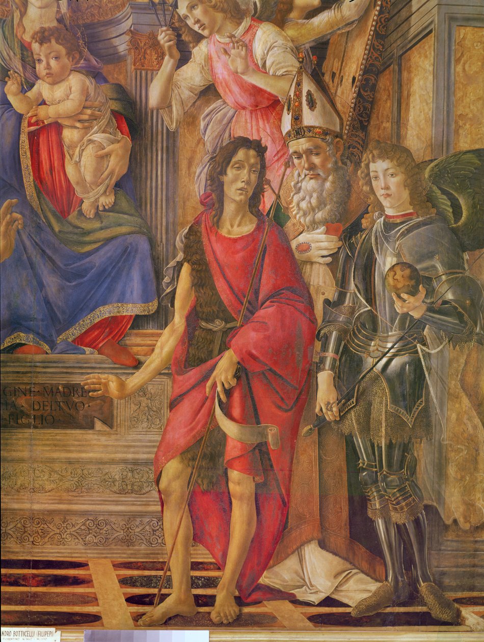 Altertavlen til Saint Barnabas, jomfru og barn på tronen, detalj av døperen Johannes, Saint Ignace biskop av Antiokia, Saint Michael, ca. 1488 tempera på tre av Sandro Botticelli