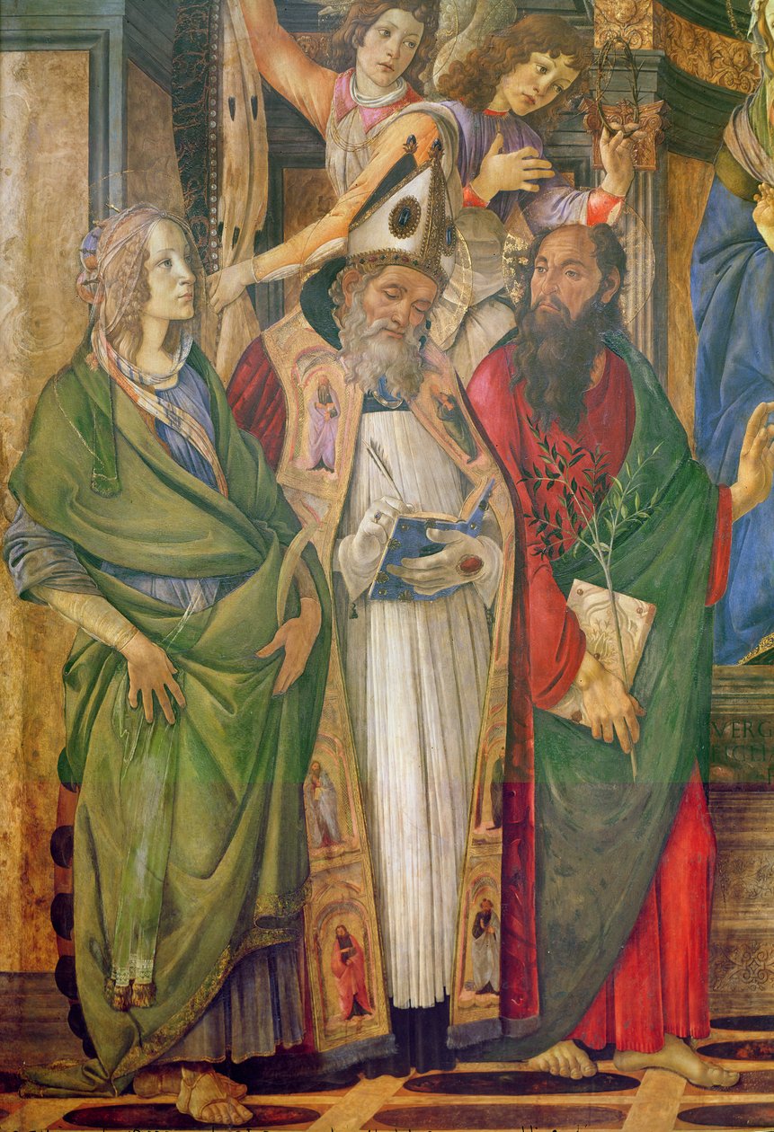 Altertavlen til Saint Barnabas, detalj av Saint Catherine of Alexandria, Saint Barnabas og Saint Augustine, ca. 1488 tempera på tre av Sandro Botticelli