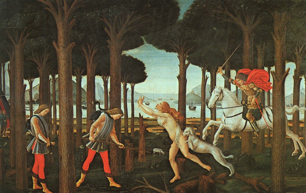 Historien om Nastagio degli Onesti av Sandro Botticelli