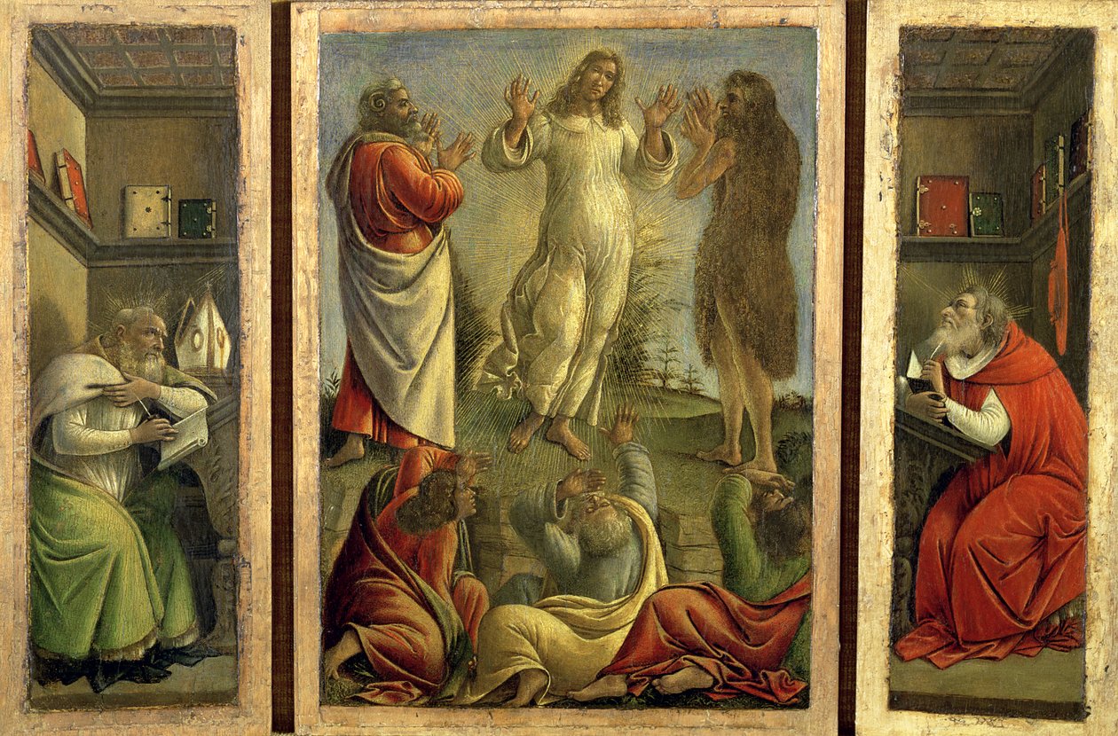 Triptyk som viser forvandlingen, Jesus viser seg for sine disipler med de hellige Hieronymus og Augustin på sidepanelene, ca. 1500 (tempera på panel) av Sandro Botticelli