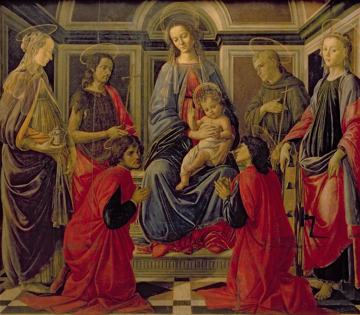 Jomfru og barn med SS. Mary Magdalene, Johannes Døperen, Cosmo, Damian, Francis og Catherine, ca. 1470-72 (tempera på panel) av Sandro Botticelli