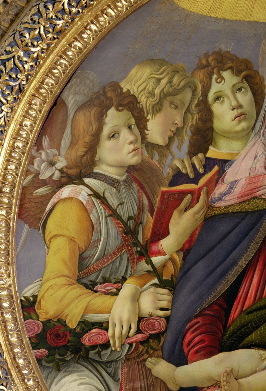 Jomfru og barn med seks engler, kalt The Madonna of the Pomegranate (tempera på panel) (detalj av 202229) av Sandro Botticelli