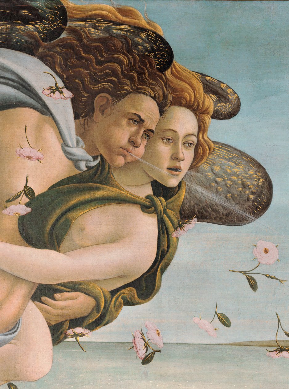 Zephyr and Chloris, detalj fra The Birth of Venus, ca. 1485 (tempera på lerret) (se 412 og 85293) av Sandro Botticelli